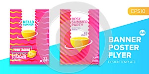 Vector electronic music summer party poster background Pink club party flyer or creative banner with abstract waves and