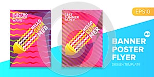 Vector electronic music summer party poster background Pink club party flyer or creative banner with abstract waves and