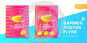 Vector electronic music summer party poster background Pink club party flyer or creative banner with abstract waves and