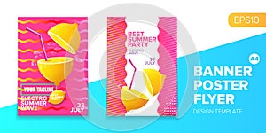 Vector electronic music summer party poster background Pink club party flyer or creative banner with abstract waves and