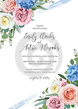 Vector elegant floral wedding invite card, invitation template design. Tender spring blue hydrangea, garden pink, peach, yellow