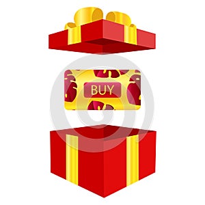 Vector of elegant gift vouchers with realistic red bows, gift boxes, toys, ribbons. Festive background for design of