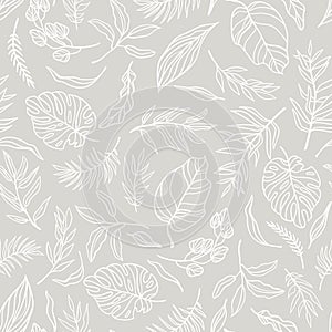 Vector elegant seamless background with foliage. Wedding pattern in light grey color. Leaves in line art style.