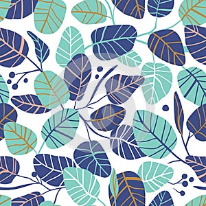 Vector elegant seamless pattern with foliage. Wedding endless background. Leaves in pink and blue colors.