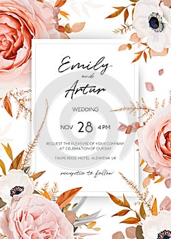 Vector elegant, stylish wedding invite, invitation card design. Chic bouquet frame: blush peach, pink rose flowers, white anemones