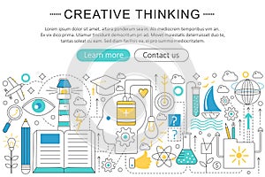 Vector elegant thin flat line Creative thinking concept. Website header banner elements layout.