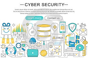 Vector elegant thin flat line Cyber security concept. Website header banner elements layout.