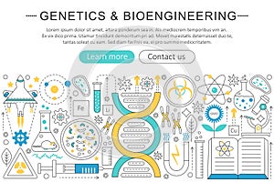 Vector elegant thin flat line Genetics and bioengineering concept. Website header banner elements layout. Presentation