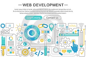 Vector elegant thin flat line Web development concept. Website header web banner elements layout. Presentation, flyer