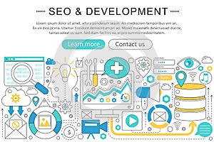 Vector elegant thin line flat modern SEO and development concept. Website header banner elements layout. Presentation