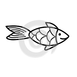 Vector element, black and white drawing of a marine inhabitant, cute little fish