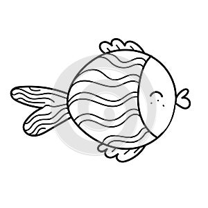 Vector element, black and white drawing of a marine inhabitant, cute little fish