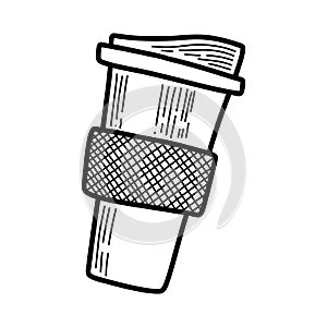 Vector element. Reusable tea coffeee cup in cozy style. Eco friendly concept. Black and white illustration. For printing