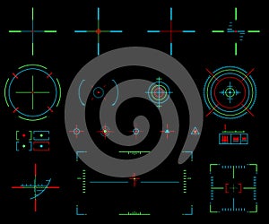 Vector elements. Icons crosshairs. Neon sight. View target