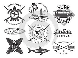 Vector elements for labels or badges. Surfing, hawaii surfboard and sea. Monochrome illustration set