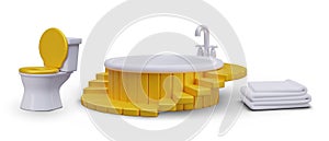 Vector elements of luxury bathroom, spa salon. Round bath with steps, toilet with gold seat