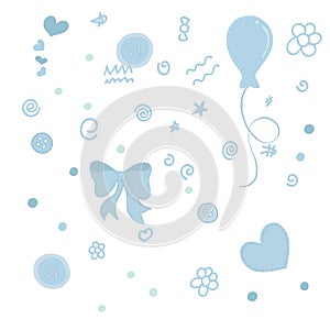 Vector elements set, cute blue objects, baby things, balls