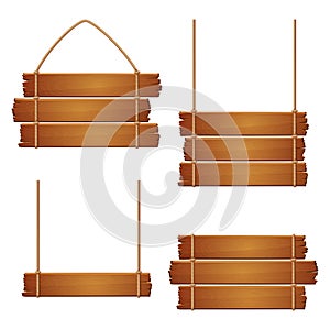 Vector elements. Set of shabby hanging signs isolated on a white background. Old wooden planks with ragged edges fastened with