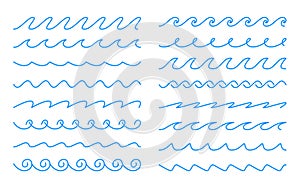 Vector elements water wave line. Blue sea wavy icon set. Ocean simple sign. Editable stroke. Stock illustration on a white