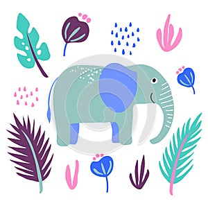 Vector elephant  wild animal plant flowers leaf