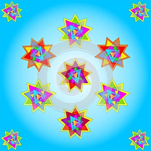 Vector eleven multicolored stars on blue background; vectors illustration