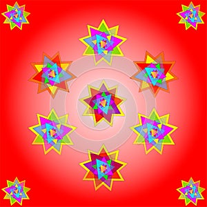 Vector eleven multicolored stars on red background; illustration