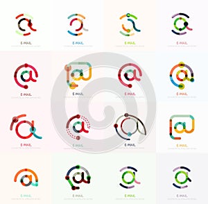 Vector email business symbols or at signs logo set. Linear minimalistic flat icon design collection