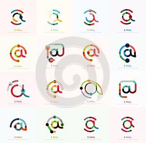Vector email business symbols or at signs logo set. Linear minimalistic flat icon design collection