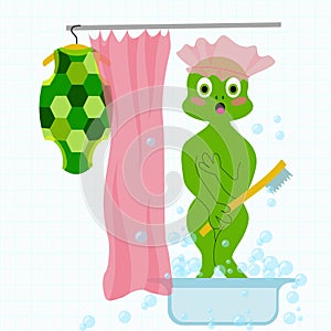 Vector embarrased and frightened turtle in bathroom took off his clothes and washing