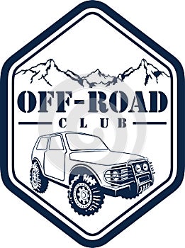 Vector emblem with 4x4 off-road car and mountains forest