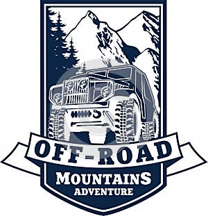 Vector emblem 4x4 vehicle off-road car and mountains