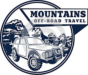 Vector emblem 4x4 vehicle off-road car and mountains