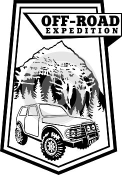 Vector emblem 4x4 vehicle off-road car and mountains