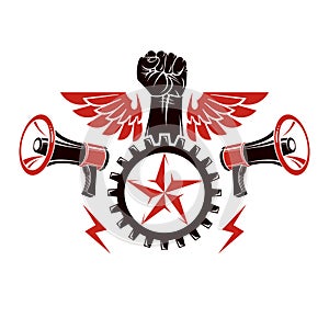 Vector emblem composed with strong raised clenched fist surrounded by cog wheel, freedom wings and loudspeakers. Proletarian