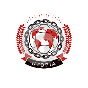 Vector emblem composed using Earth globe surrounded with iron ch