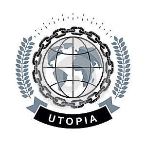 Vector emblem composed using Earth globe surrounded with iron ch