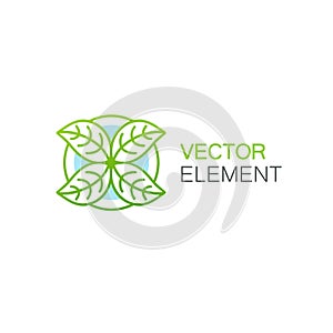 Vector emblem design template in linear style - green leaves in circle.