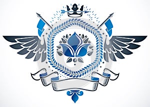Vector emblem made in vintage heraldic design. Winged emblem created using lily flower royal symbol and imperial crown