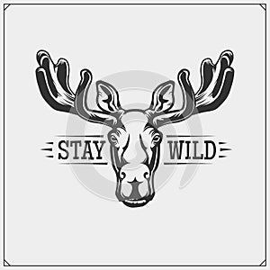 Vector emblem with moose or elk for sport club. Print design for t-shirt.