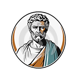 vector emblem of stoic, bearded, serene man in color photo
