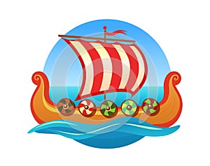 Vector emblem for Travel Agency in Scandinavia. Logo with Medieval Scandinavian longboat Drakkar