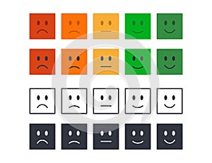 Vector emoticons for rating, poll, customer review. Colored black square icons editable stroke. Set of moods from angry to happy.