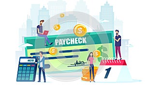 Vector of employees, calendar with payday and a paycheck photo