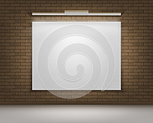 Vector Empty Blank White Poster Picture Frame on Brown Gray Brick Wall with Floor and Illumination Front View