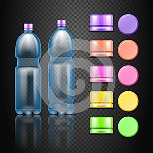 Vector empty plastic water drink bottles with set of multicolored caps