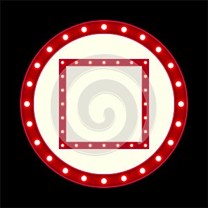 Vector empty retro circus billboard frame with electric bright glowing lamps. Light bulbs. Square in a circle shape figure