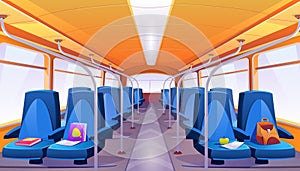 Vector empty school bus interior with blue seats