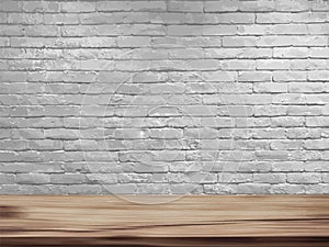 Vector empty top of natural wooden table and retro white brick wall background