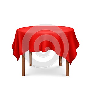 Vector Empty Wood Round Table with Red Tablecloth Isolated on White Background