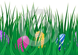 Vector endless border with realistic green grass and Easter eggs